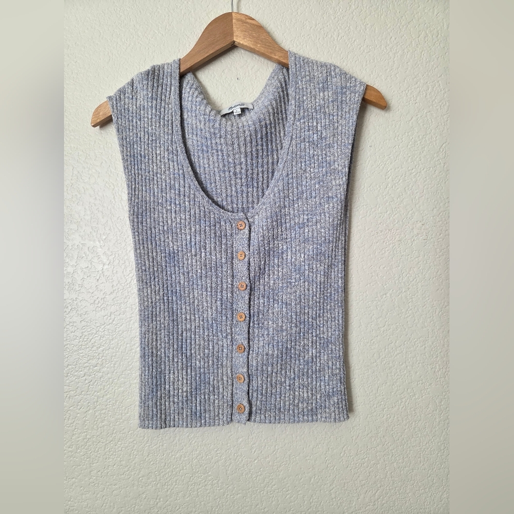 Madewell Green & Blue Marled Ribbed Knit Button-Down Top
